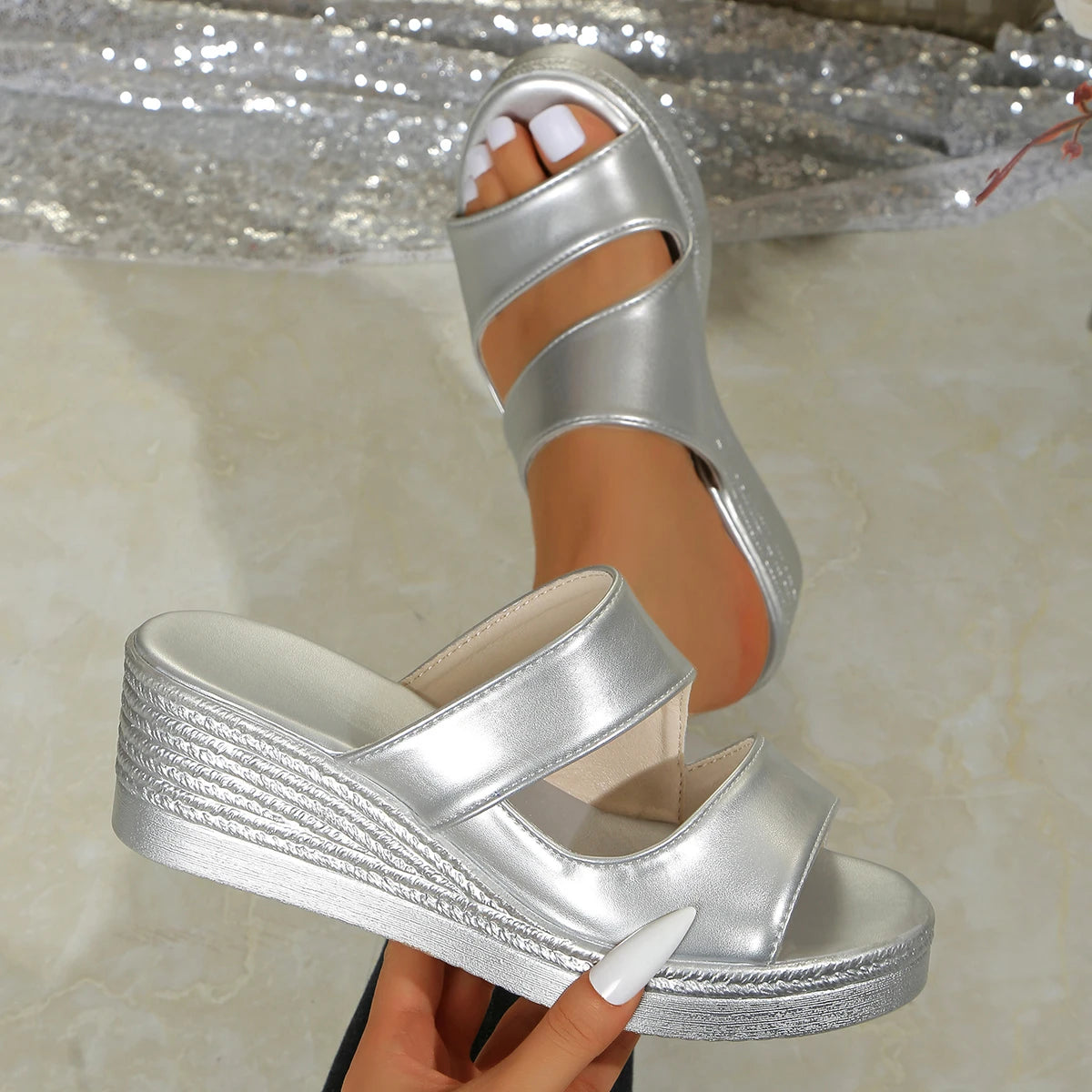 Women Wedge Slippers Casual Sling Backs Glitter Platform Comfortable Zpaxo Silver 39
