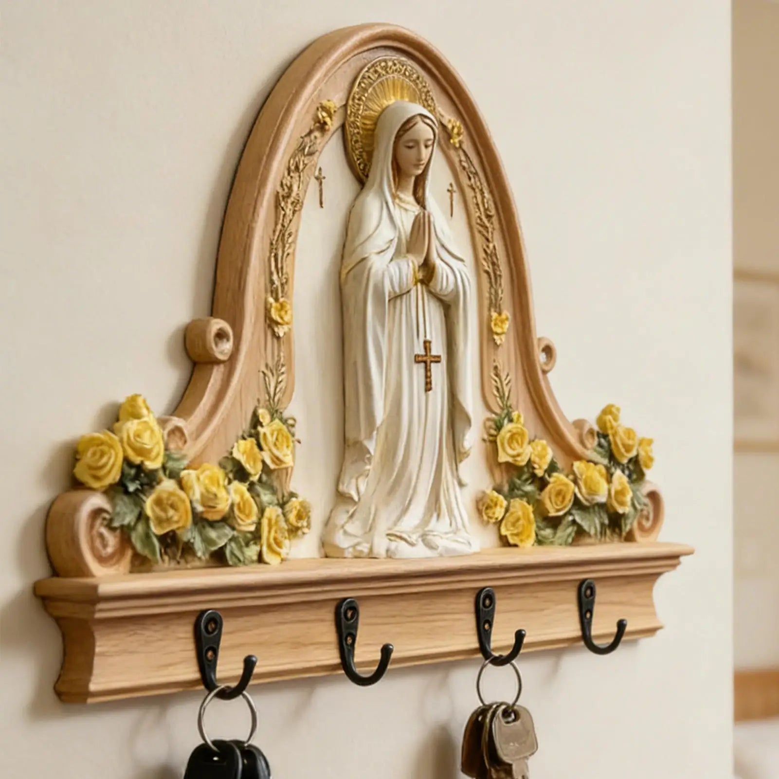 Key Holder Wall Mount Wood Religious Space Saving Hanger 4 Hooks