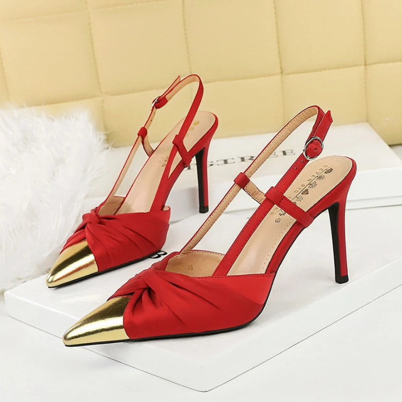 Summer Banquet Heels Thin Satin Bow Color-blocked Pointed Toe Women's Zpaxo 312-5 Red 40 China Mainland