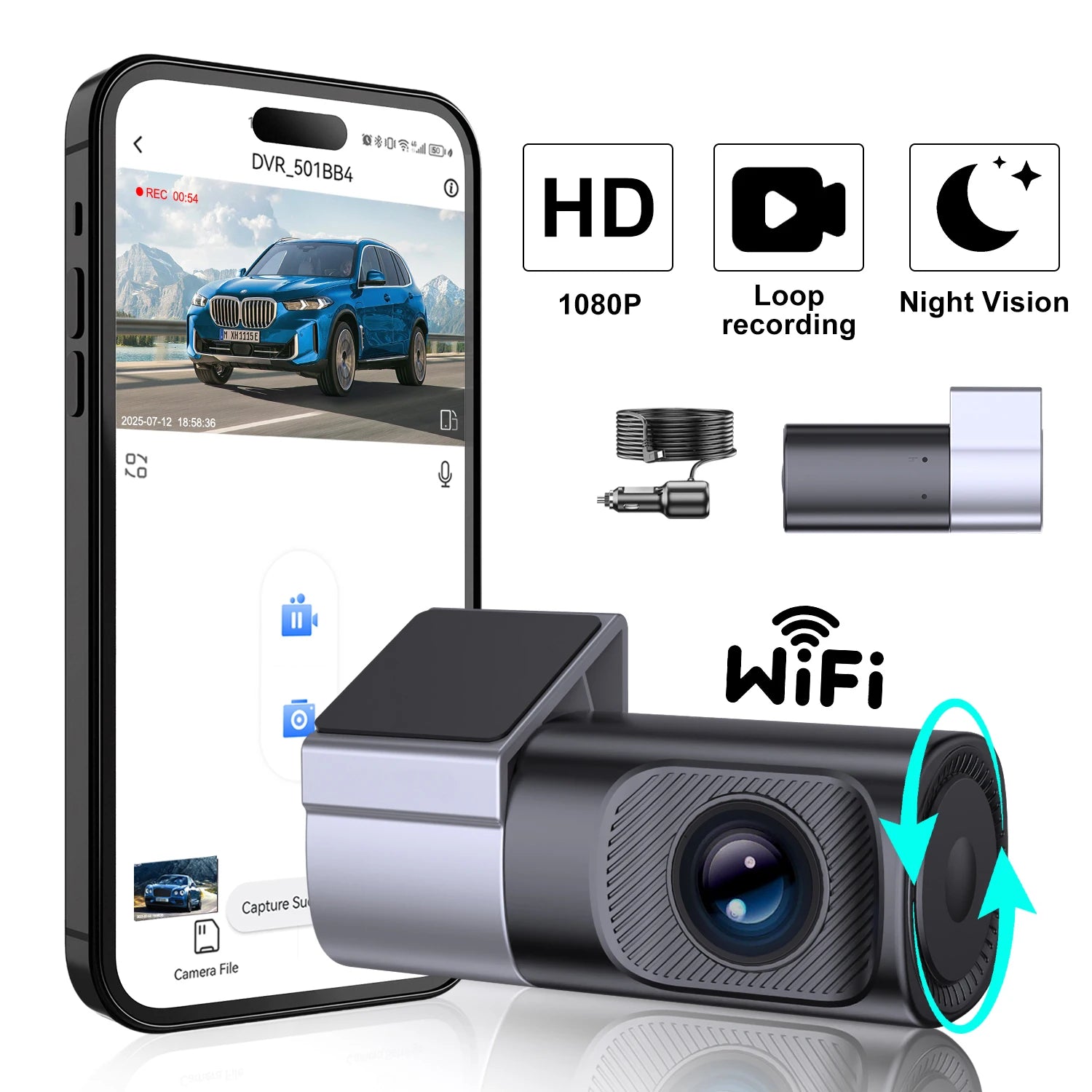 1080P Wifi Dashcam Vehicle Recorder APP Control Smart Car Dash Camera Zpaxo Black