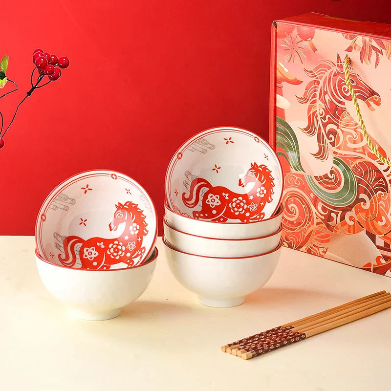 Year Horse Ceramic Bowls Chopsticks Year's Souvenir Zpaxo