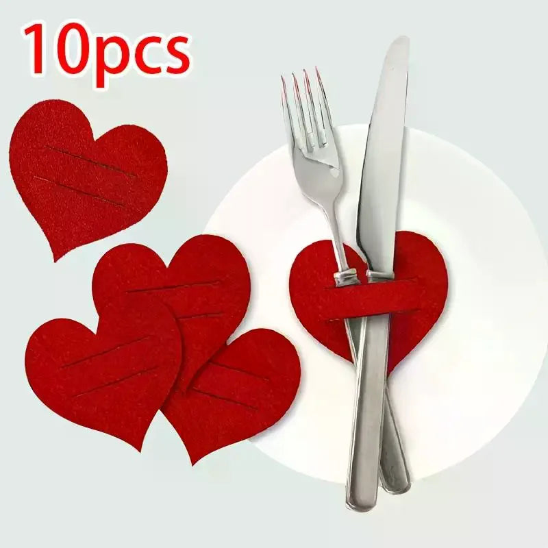 10pcs Heart-shaped Knife And Fork Covers, Valentine's Day And Birthday Party Decoration Items, Home Tabletop Ornaments Zpaxo