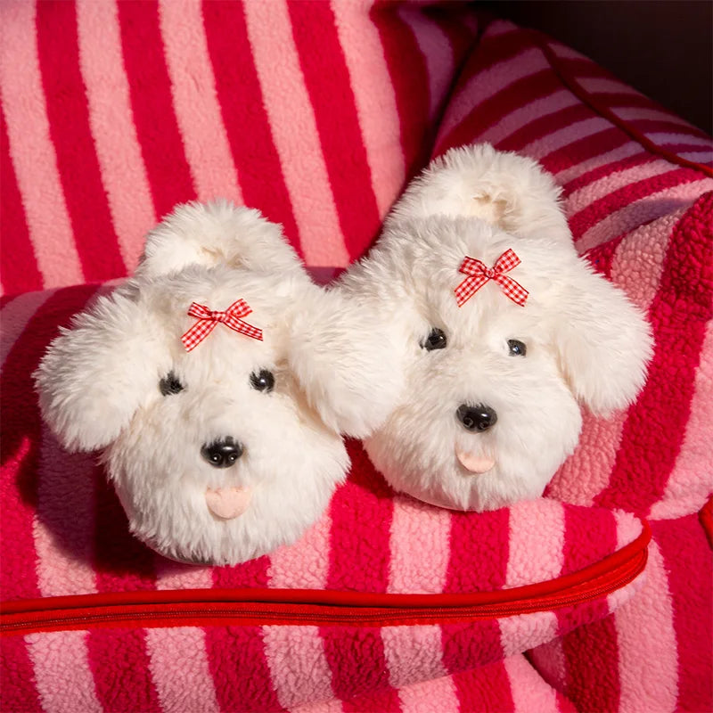 SHAJI Cute Cotton Dog Home Slippers Women Winter Bowtie Decor Indoor