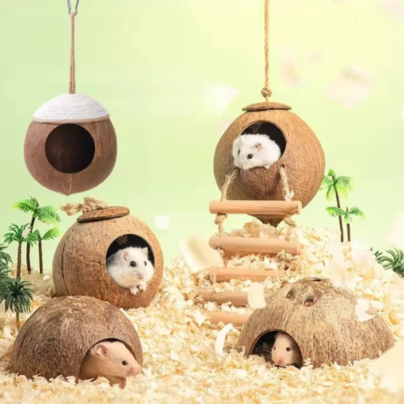 Hamster House Bite-resistant Natural Small Pet Coconut Cages Guinea-pig Hamster Hideout House Toy Wooden House Pet Supplies Zpaxo