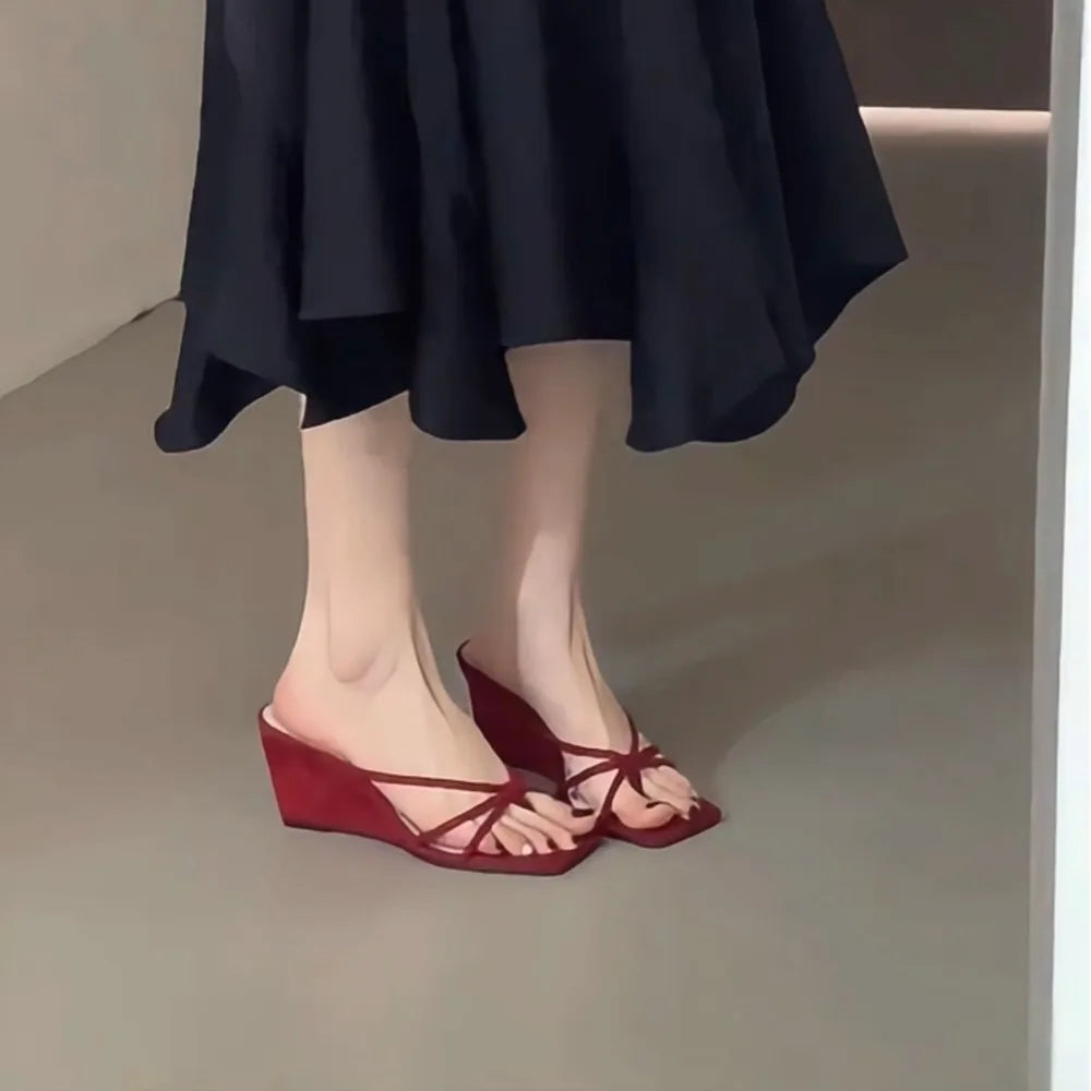 Summer Leopard Women's Fashion Wedges Heel Slippers Elegant Dress Slides Design Style Banquet Party Sandals Shoes Zpaxo 36 Red