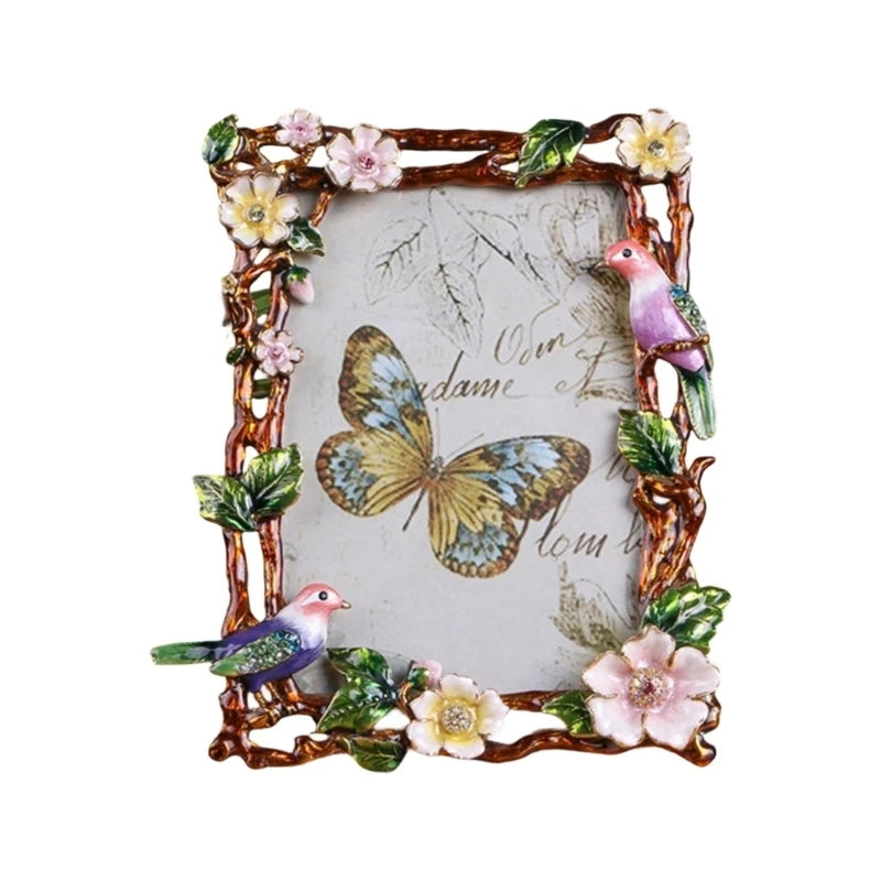 Antique Enamel Floral Bird Photo Frame Rhinestones Accent Tabletop