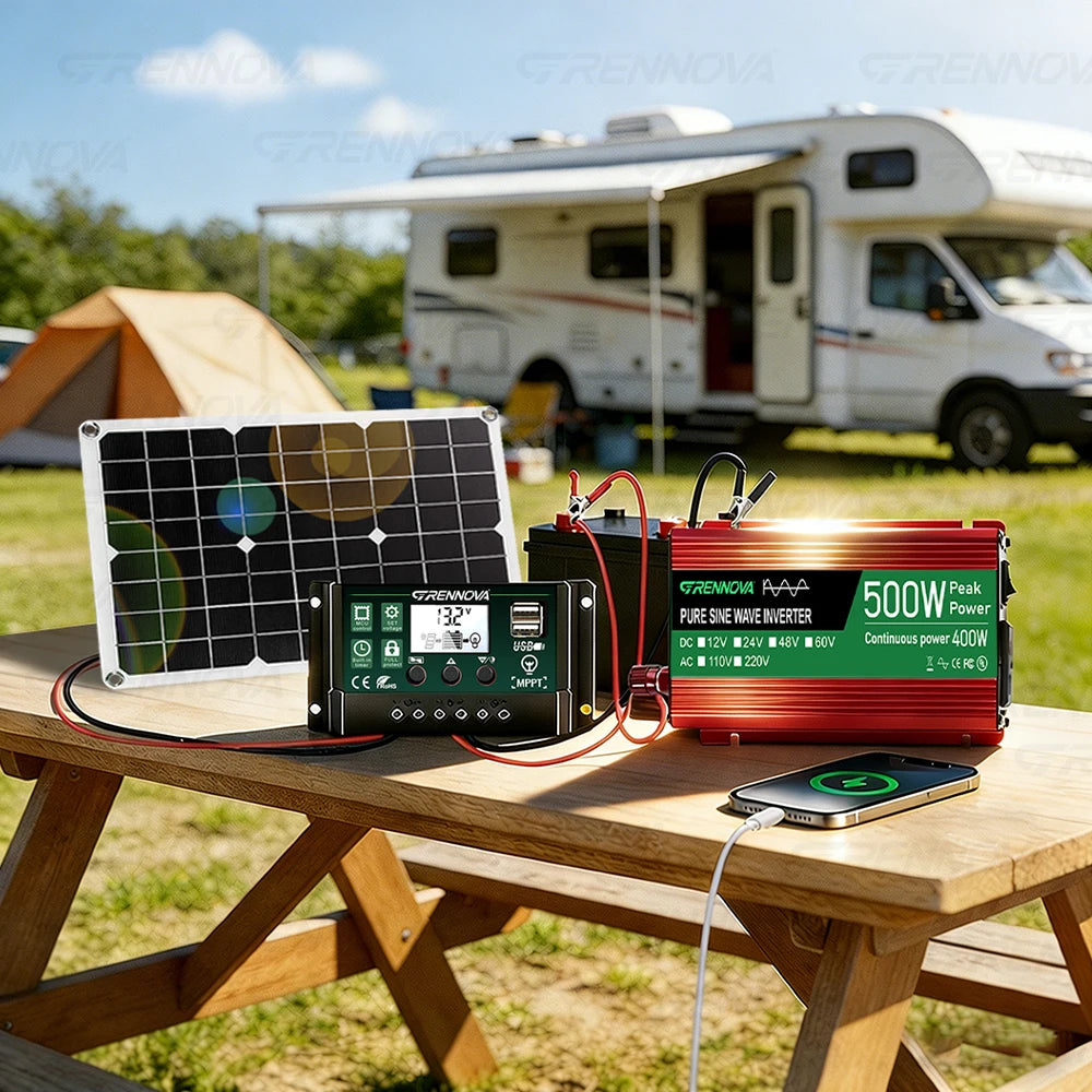 Grennova 500W Reliable Pure Sine Solar System 40W Panel 12V To110V/220V Inverter 60A MPPT Controller True Power For RV/Boat/Farm Zpaxo