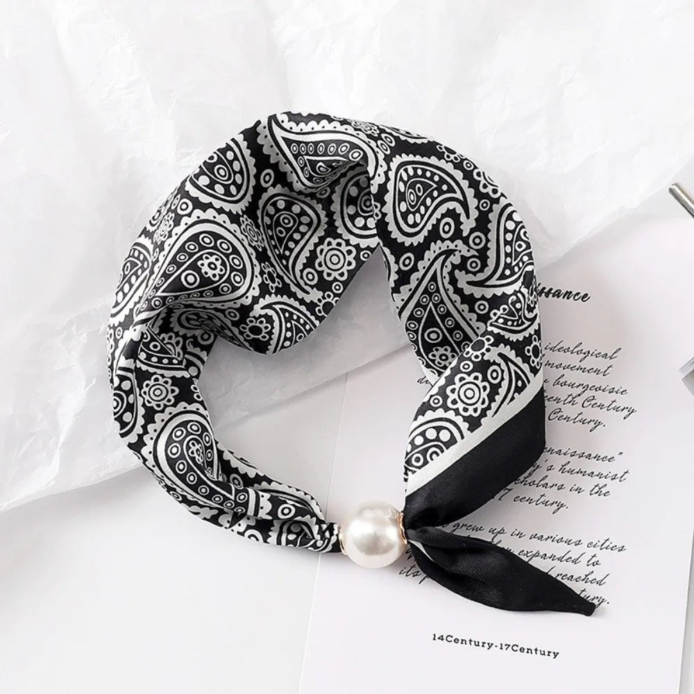 Fashion Pearl Buckle Silk Scarf Thin Printed Neck Scarf Lightweight Soft Neckerchief Women Zpaxo 09