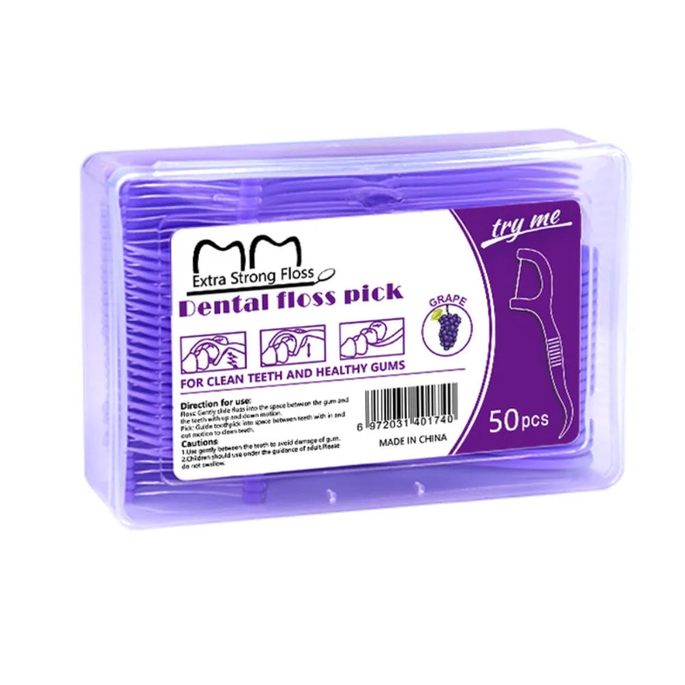 50 Sticks Box Dental Floss Stick 4 Flavors Disposable Fruit Flavored Zpaxo Grape Flavor