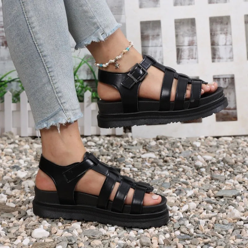 2025 New Women Sandals Platform Casual Flats Shoes Thick Bottom Flat Roman Strap Beach Shoes Women Summer Roman Style Sandals Zpaxo