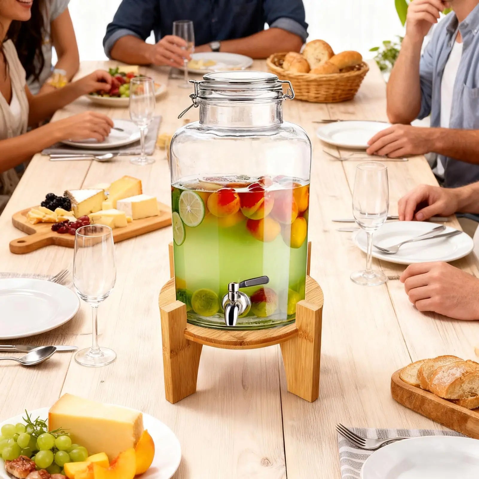 Stand Beverage Dispenser Wooden Legs Round Base Water Juices Pitcher