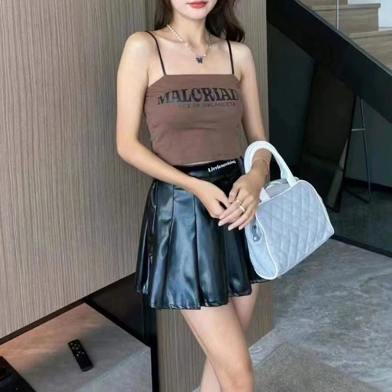 Sexy Crop Tops Women Summer Shirring Sleeveless Slim Camis Tops Bodycon With Chest Pad Letter Fashion Casual Soft Tops Female Zpaxo