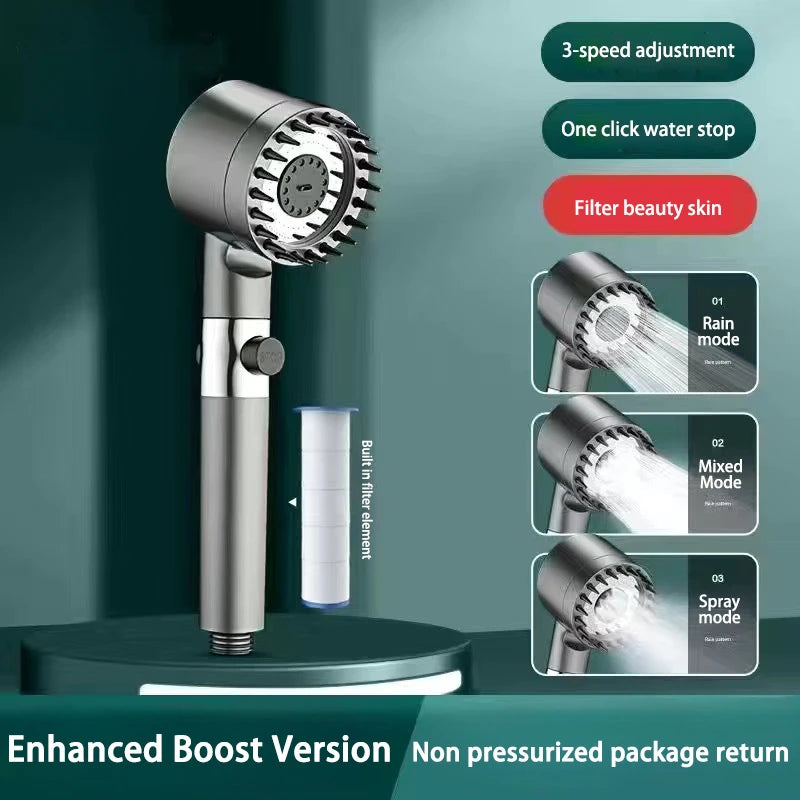High Pressurized Filter Shower Head 3-mode Adjustable Spray With Massage Brush Rain Faucet Shower Set Bathroom Accessory Zpaxo Grey Shower Head