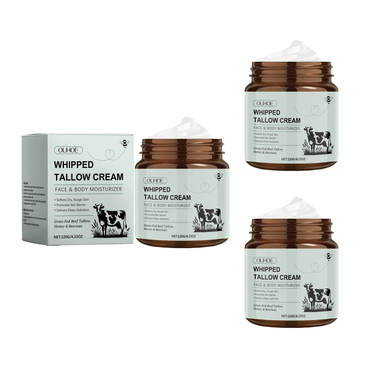 Ouhoe Whipped Tallow Balm Pure Grass Fed Tallow Honey Korean Anti Aging Moisturizer for Deep Hydration and Brightening Whitening Zpaxo 3PCS