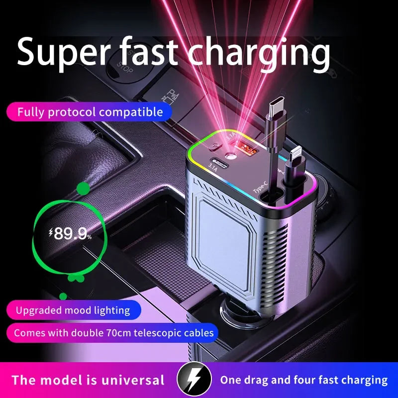 1 Retractable Car Charger Mobile Phone USB PD C Cable Iphone Fast Zpaxo
