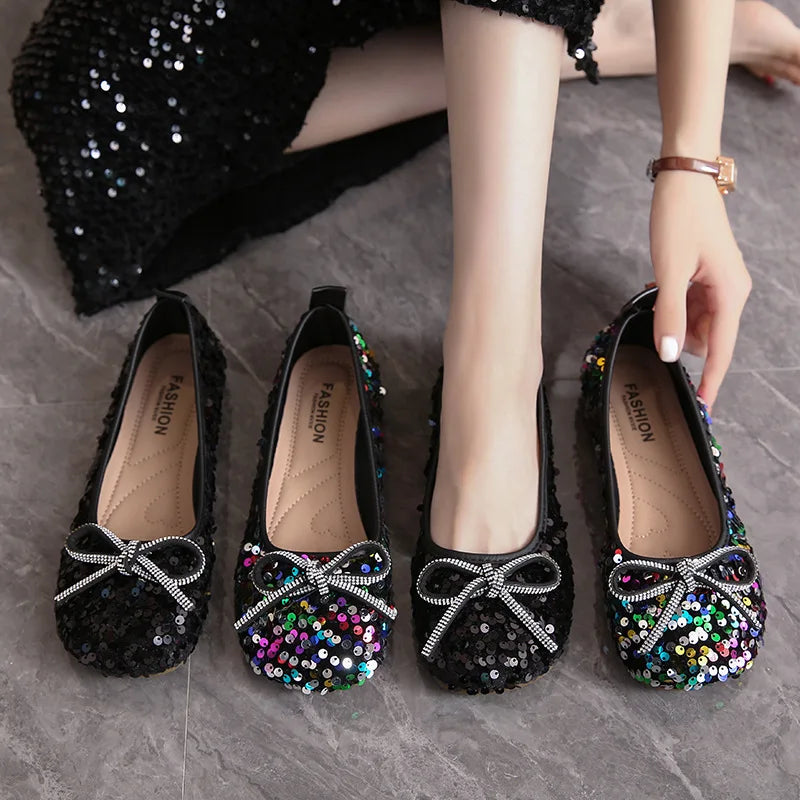 2026 Women Bling Flats Shoes Casual Walking Spring Round Toe Bowtie