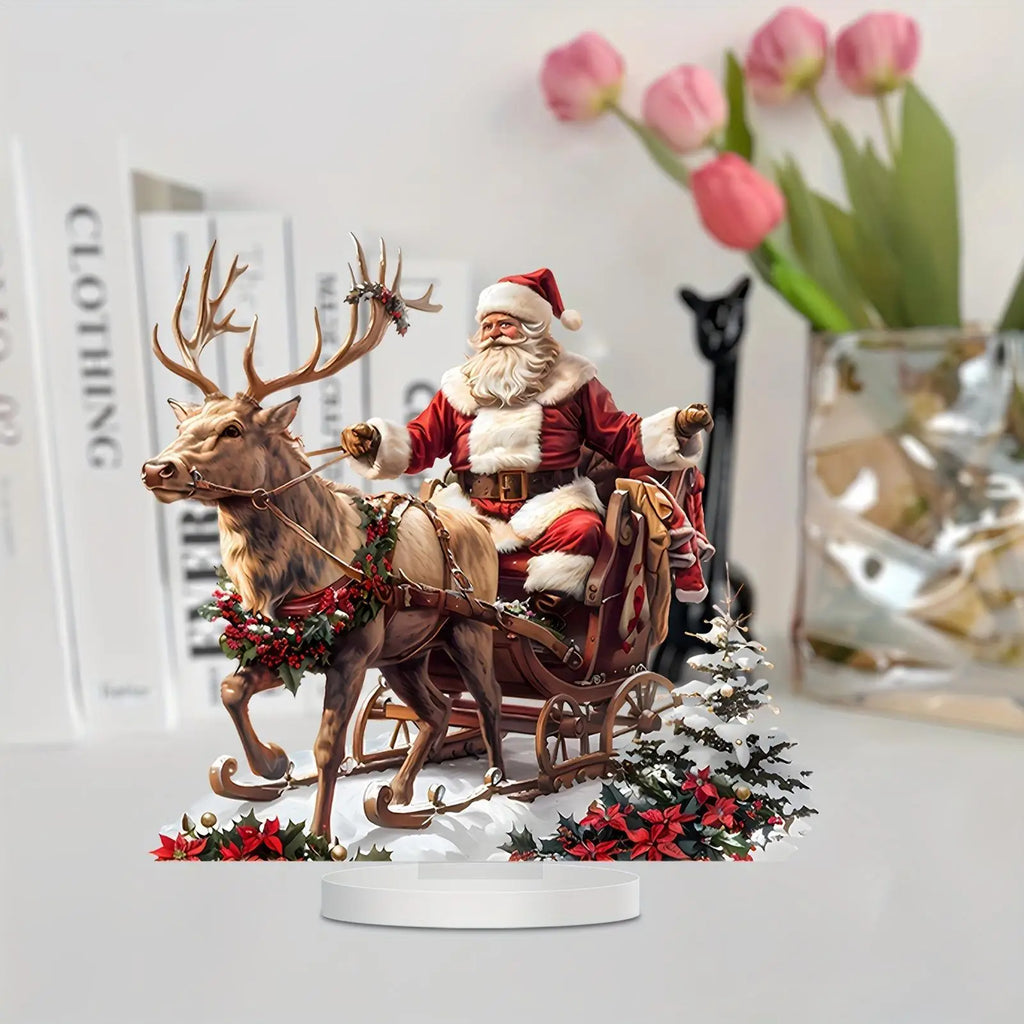 Santa Sleigh Decor 2D Acrylic Desktop Ornament with Santa Claus and Reindeers for Christmas Table Home Office Holiday Decoration