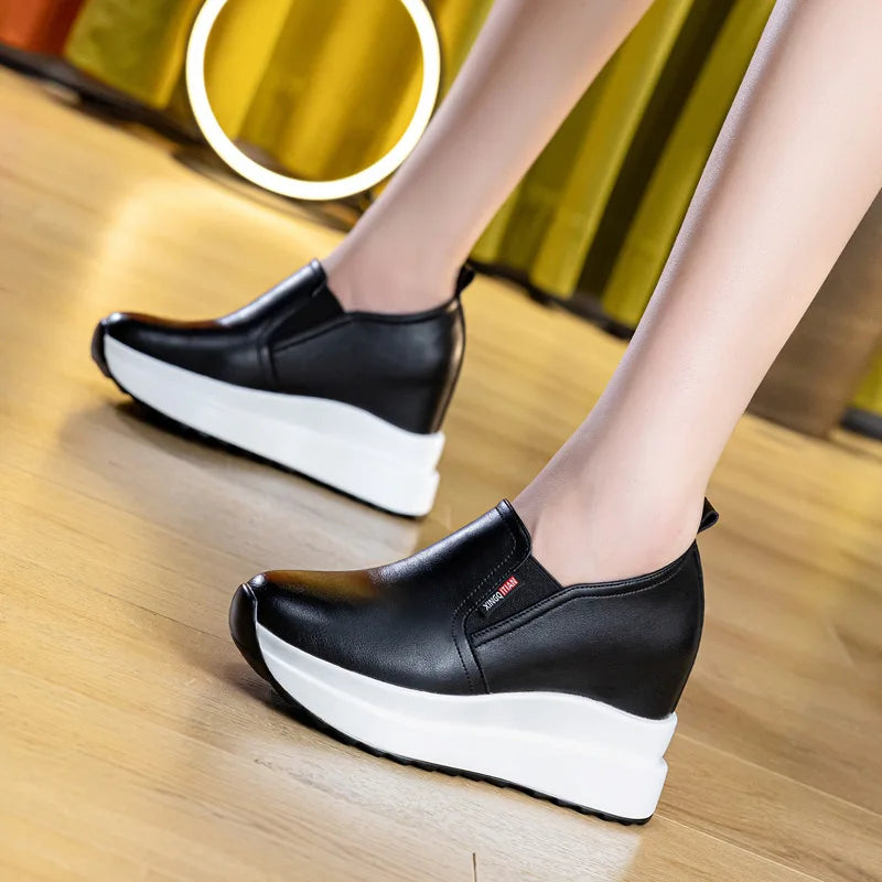 Leather Wedge Sneakers Women Slip Design Round Toe Non Thick Sole Zpaxo