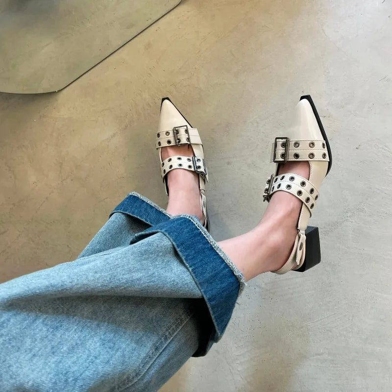 Women Sandals French Pointed Toe Mary Jane Shoes 2024 Summer Retro Zpaxo