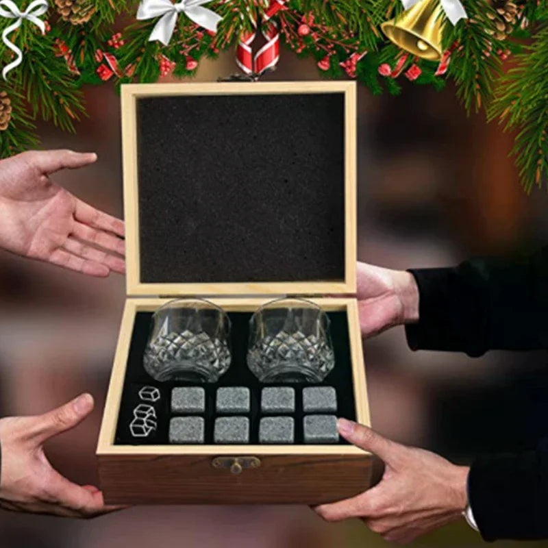 Whiskey Stones And Whiskey Glass Gift Set Of 4, For Men | Father's Day, 8 Granite Whiskey Stones, 2 Whiskey Glasses,1 Wooden Box Zpaxo