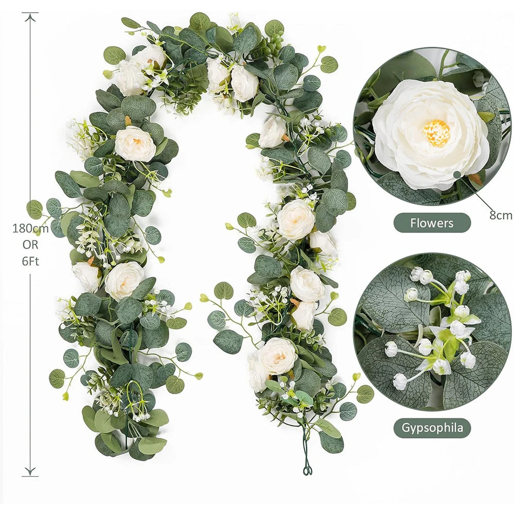 Artificial Eucalyptus Garland Wreath White Flowers Home Festival Wall