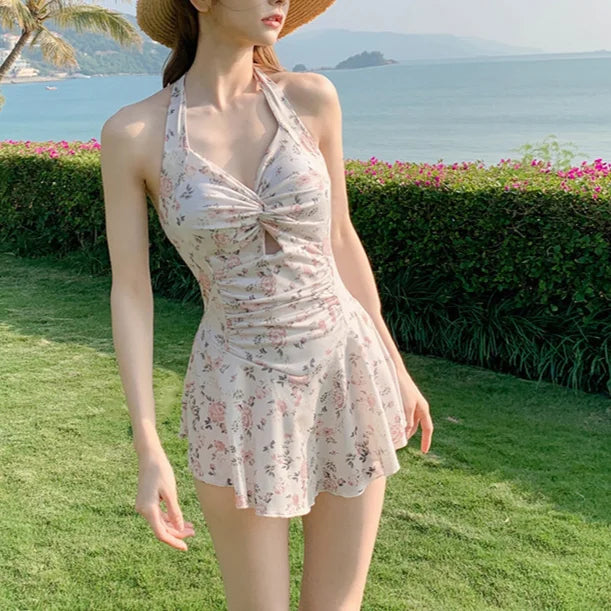 Swimming Suit for Women Solid Color Slimming One-piece Dress Style Conservative Waist Tightening Slimming Vacation Swimsuit Zpaxo C apricot flower XL