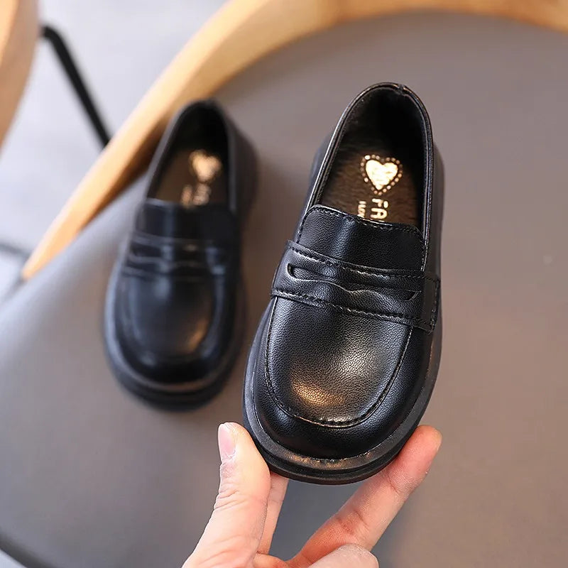 Kids Loafers Slip-on Pu Leather Shallow Black Brown Boys Girls Flat Zpaxo