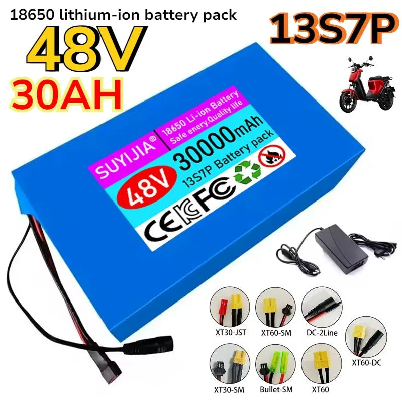 New 48V 30Ah 13S7P Lithium-ion Battery Pack 48V 30000mAh Built-in 60A BMS for 500-1500W Electric Motor Battery +54.6V 2A Charger Zpaxo