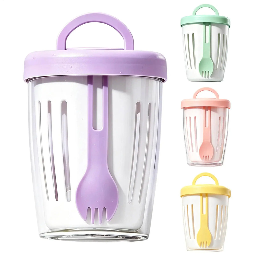 Leak-Proof Yogurt & Salad Cup with Lid, Fork & Drain – 300ml Portable Food Container Zpaxo