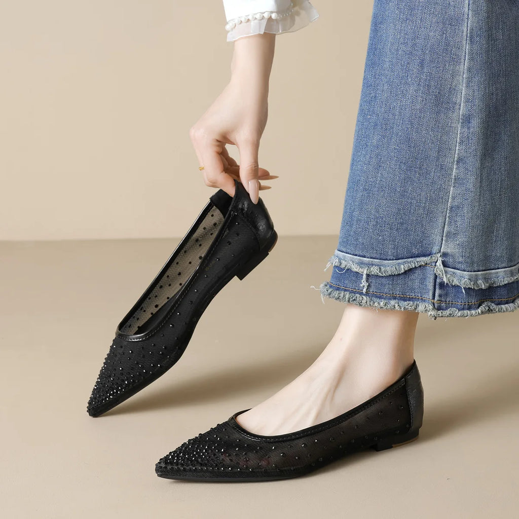 Flat Shoes for Women Spring Autumn 2025 Shallow Casual Women Flat Bottomed Mesh Pointed Toe Rhinestone Plus Size Women's Shoes Zpaxo