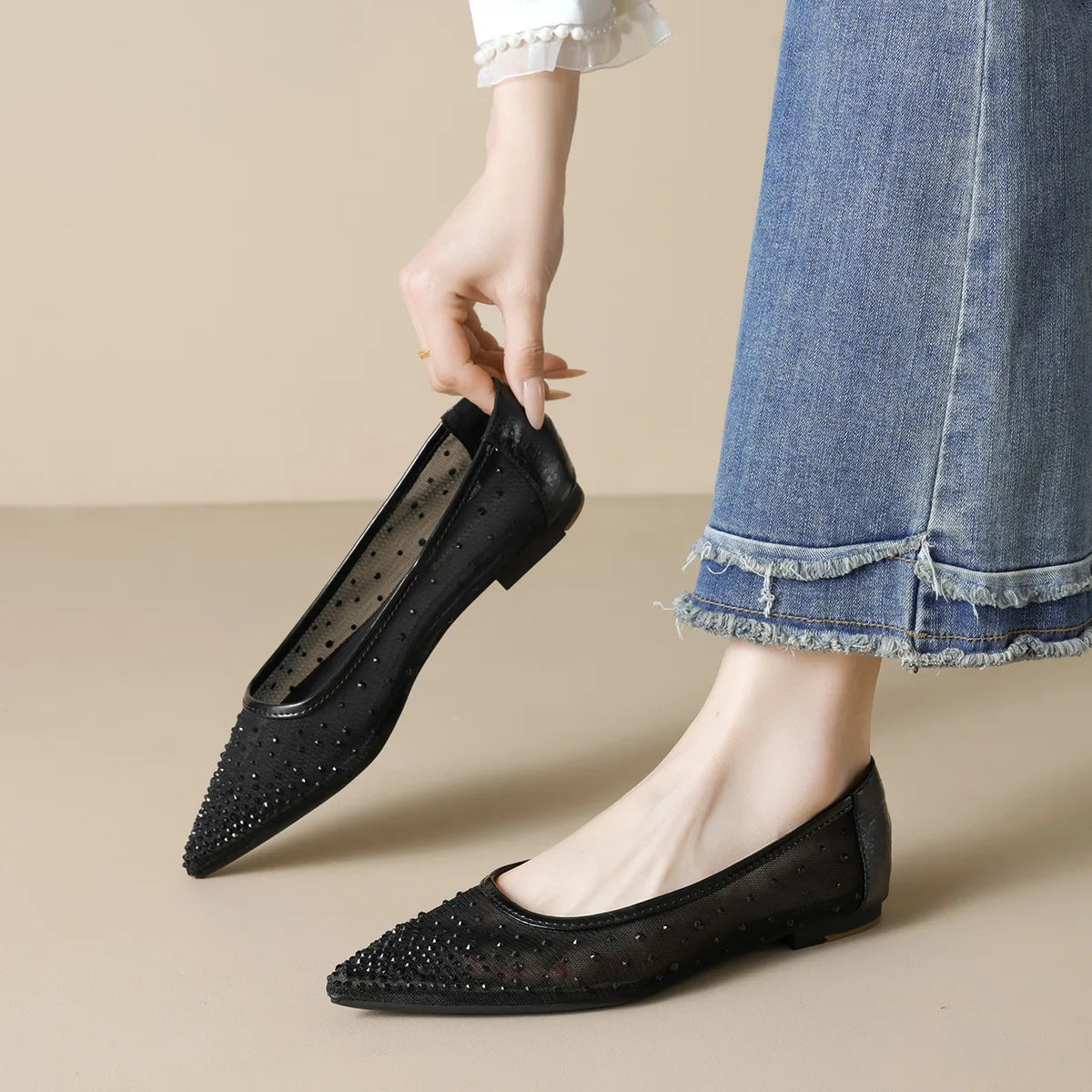 Flat Shoes for Women Spring Autumn 2025 Shallow Casual Women Flat Bottomed Mesh Pointed Toe Rhinestone Plus Size Women's Shoes Zpaxo