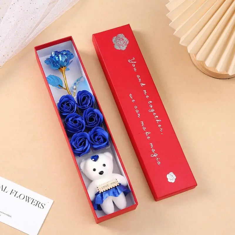 Plush Bear Artificial Flower Box Soap Rose Flowers Creative Romantic Zpaxo Blue