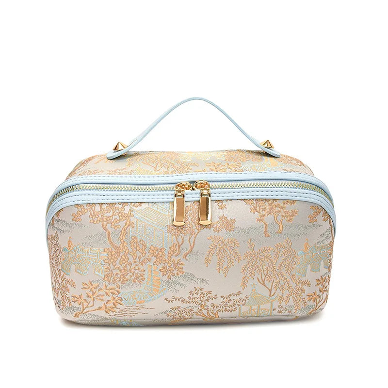 Chinese Style Embroidered Makeup Bag for Women, New Ins Large Capacity Commuting Storage Bag, Home High-end Handheld Wash Bag Zpaxo Blue
