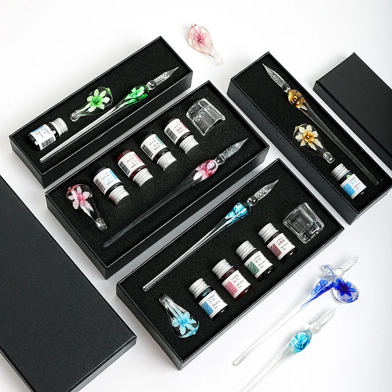 Flower Crystal Glass Dip Pen Set – Elegant Gift for Writers