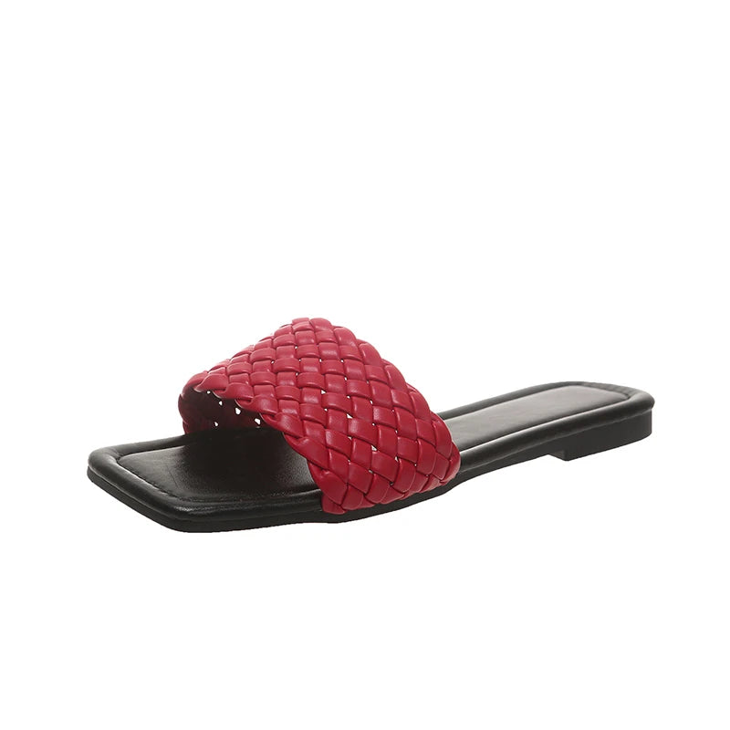Women's Slippers 2025 Summer Selling Sexy Braided Red Square Toe Flat Zpaxo 43 Red