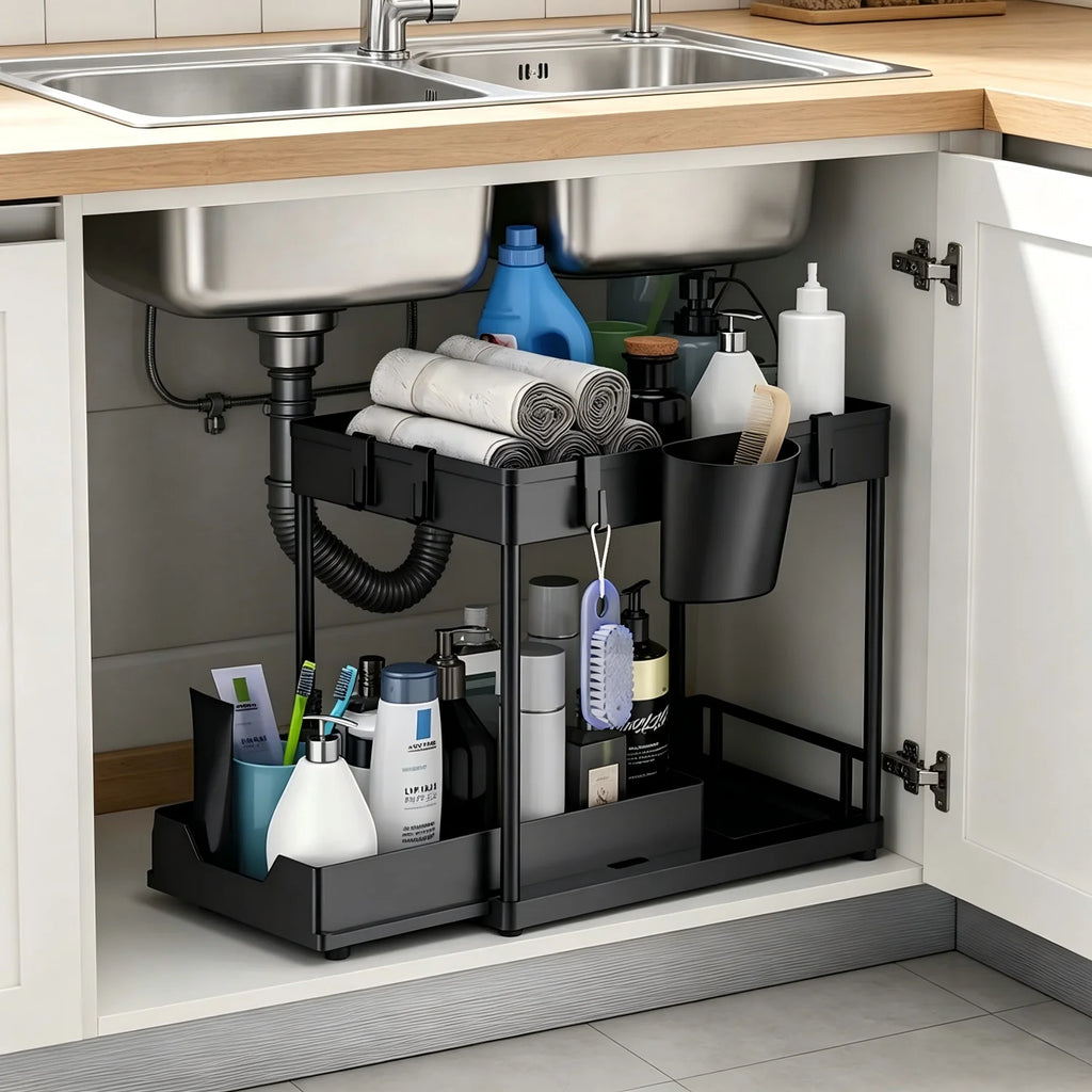 2 Tier Under Sink Sliding Cabinet Basket Organizer Storage Rack with Hooks Hanging Cup Bathroom Multifunctional Storage Rack Zpaxo