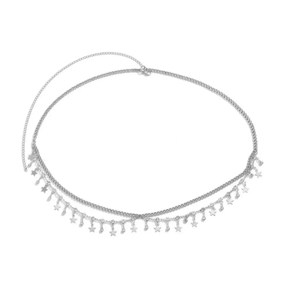 Star Glitter Tassel Boho Waist Chain Shiny Rhinestone Beach Body Jewelry Belly Waist Chain Multi Layer Chain Body Belt Zpaxo