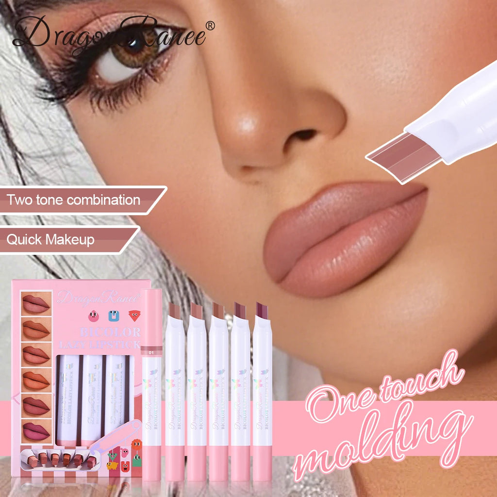 Set of Six Two-Color Lipstick Pens in a Box, Matte and Long-Lasting, Two-Color, Fine Texture, Waterproof, Non-Fading Lip Gloss, Natural and Easy-To-Apply Lipstick Set Zpaxo