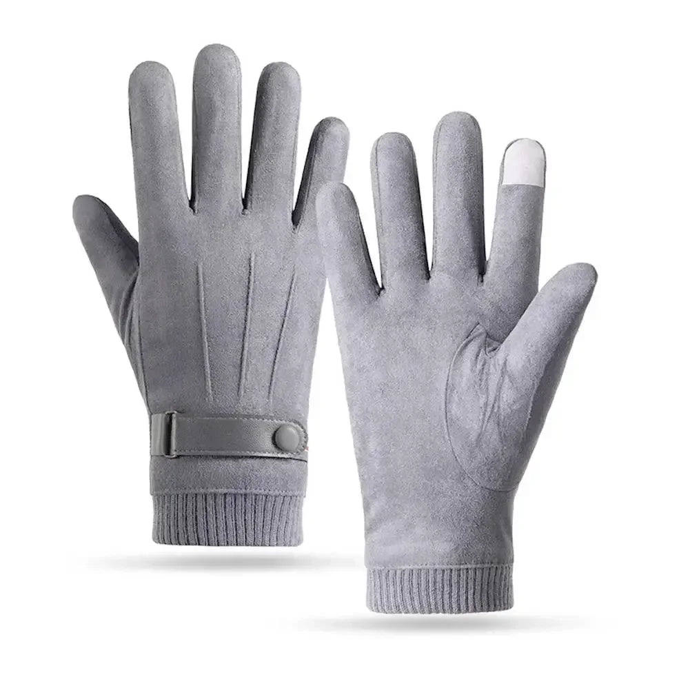 Men's Winter Windproof Warm Gloves Thickened Touch-Screen Suede Finger Gloves Outdoor Driving Buckle Ski Windproof Gloves Unisex Zpaxo ST014-Gray