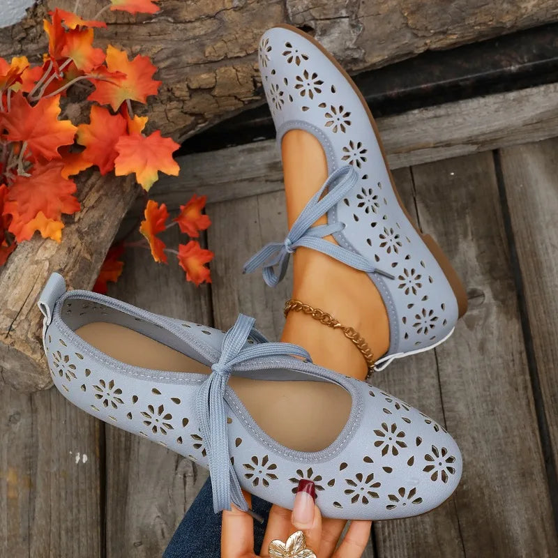 2026 Women's Flats Lace Up Single Shoes Ladies Spring Hollow Zpaxo