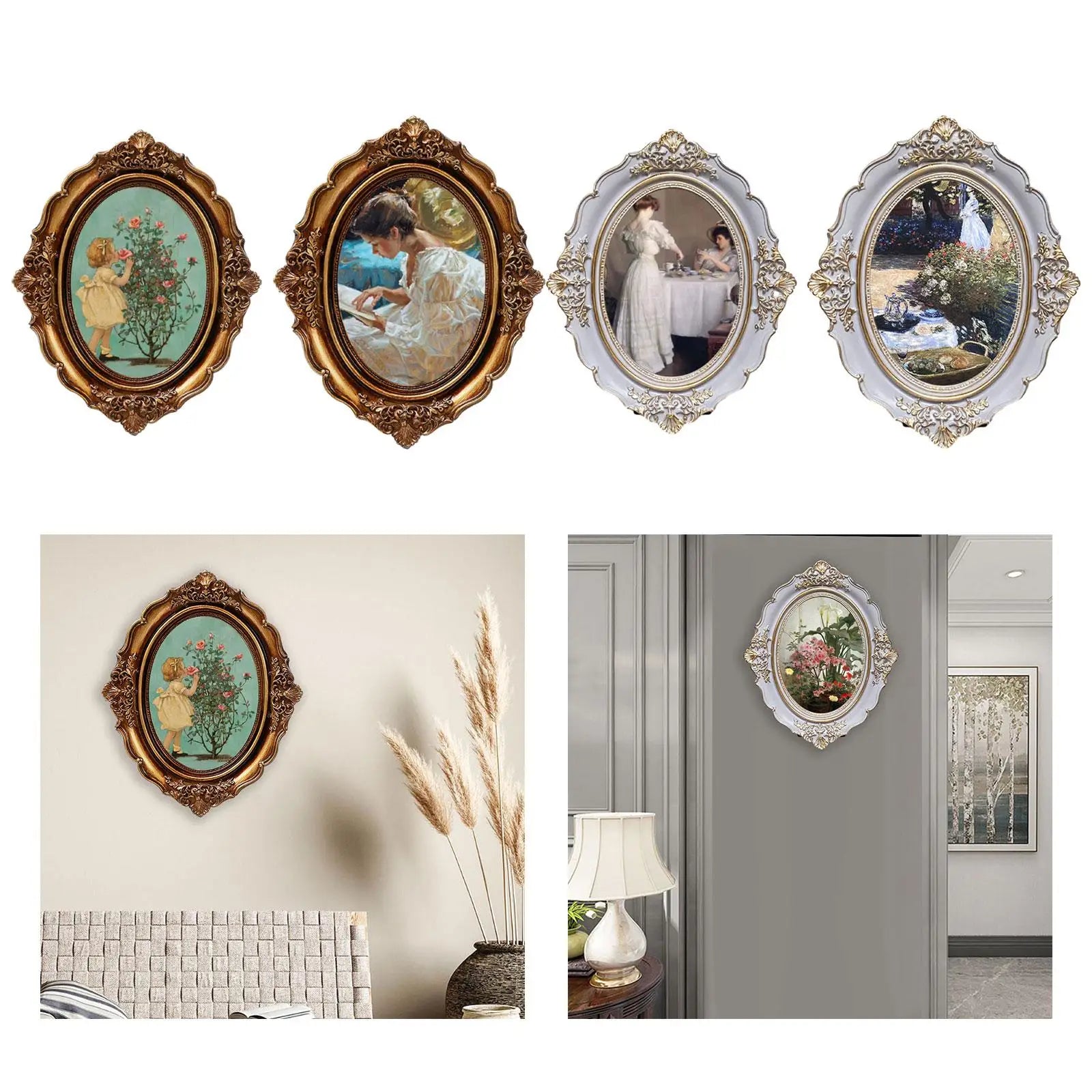 Vintage Picture Frame Oval Antique Elegant Baroque Photo Display Holder for Bedroom Tabletop Hallway Wall Hanging Home Decor Zpaxo