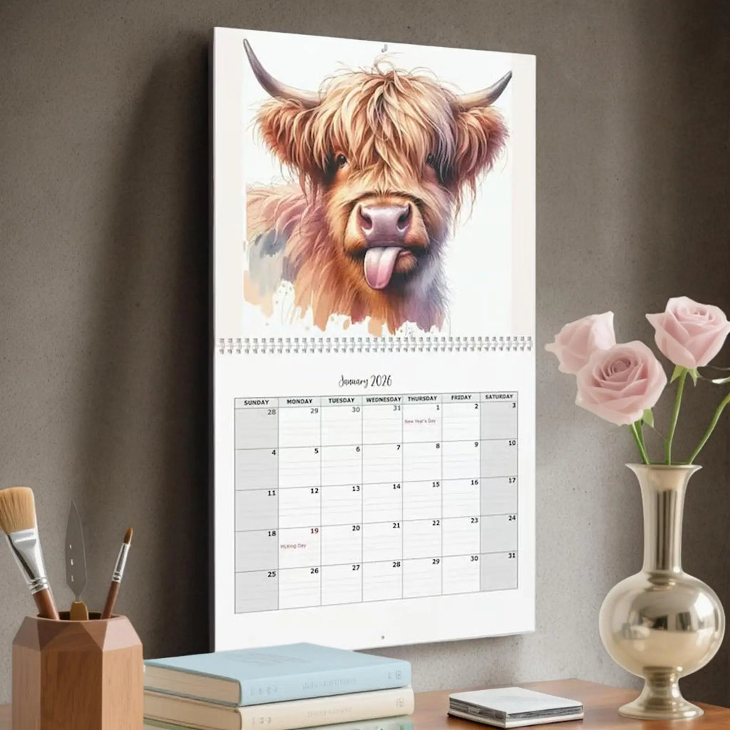 2026 Highland Cow Wall Calendar Funny Monthly Planner Home Office