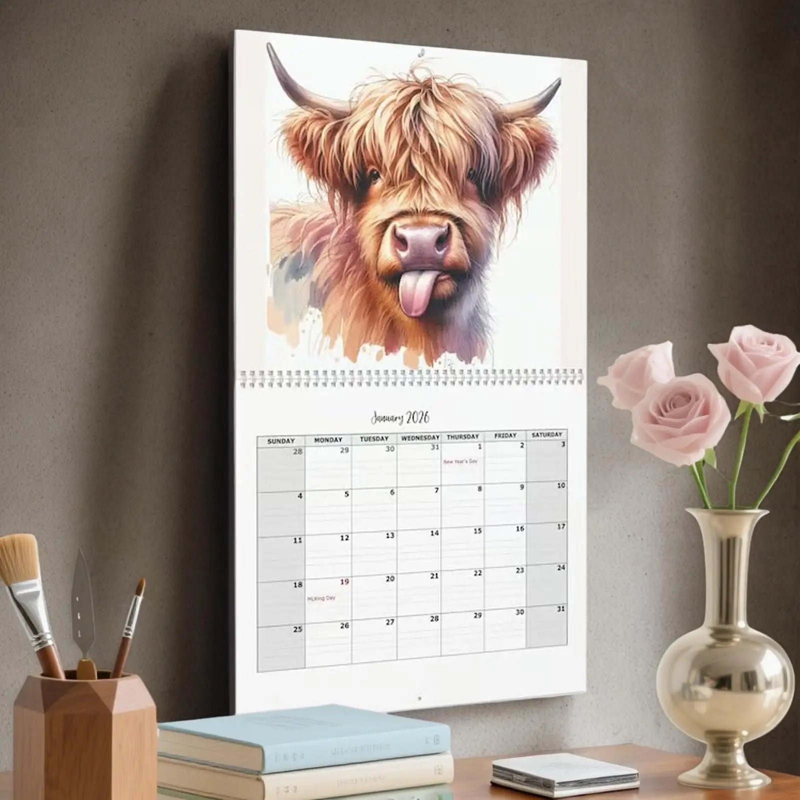 2026 Highland Cow Wall Calendar Funny Monthly Planner Home Office