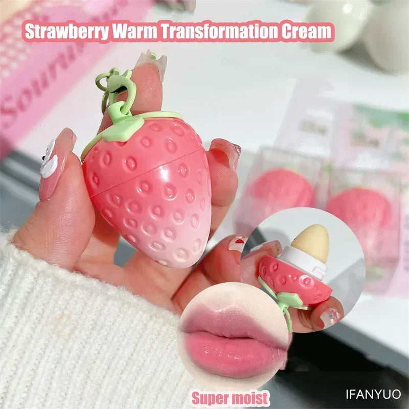 Strawberry Keychain Warming Moisturizing Lip Balm Fruity Pink Color-changing Lipstick Anti-drying Hydration Lip stick Lip Care Zpaxo