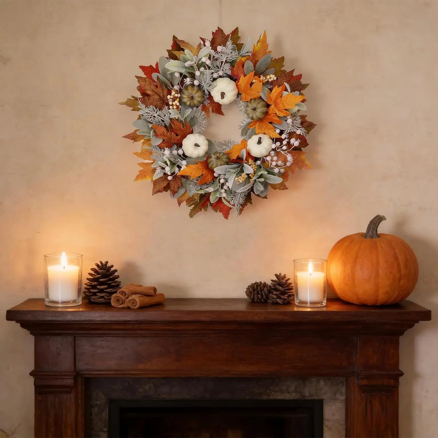 Artificial Fall Wreath Front Door Pumpkins Oeange Maple Leaves Autumn Zpaxo