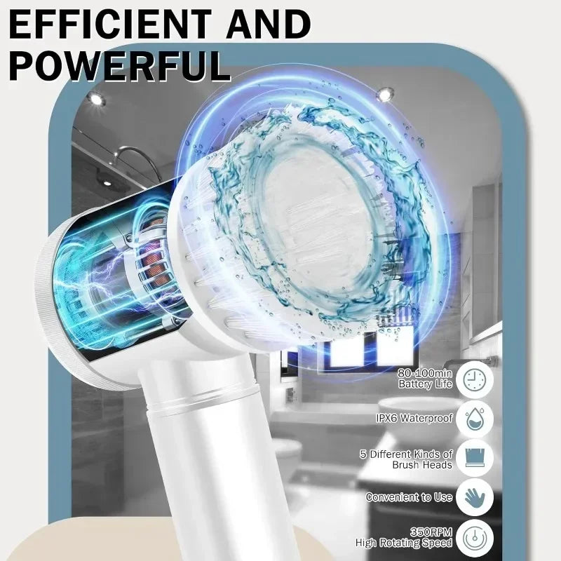 Power Scrubber 5 Replaceable Brush Heads Electric Spin Bathroom