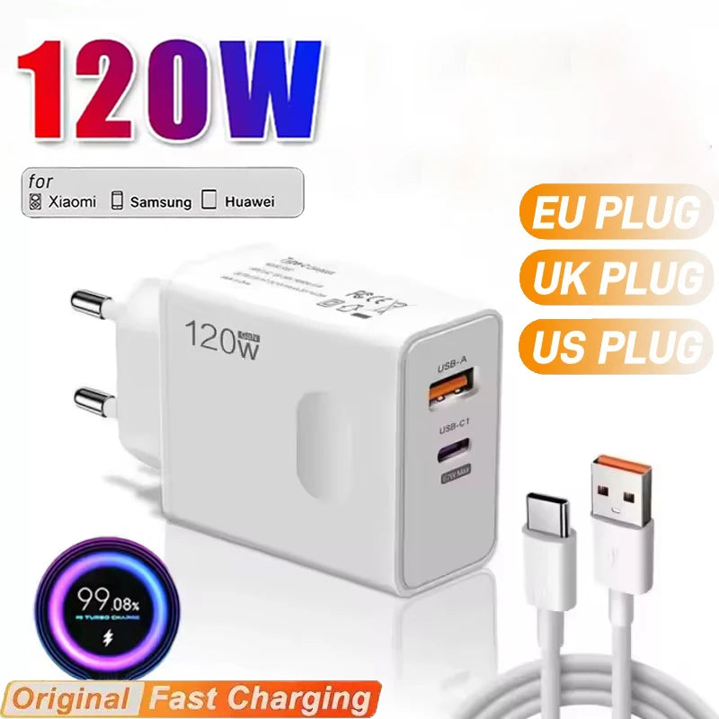 120W Fast Charger 6A Cable USB Type-c Gan Quick Charge 5 0 Phone