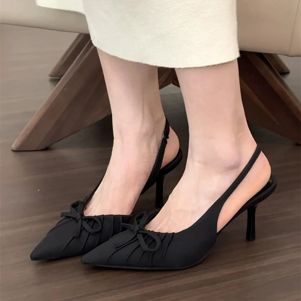 Small Niche Blue High Heels, French Toe Sandals, Fairy Shoes, 2025 Spring and Summer Bow with Skirt, Single Shoe Zpaxo black 39