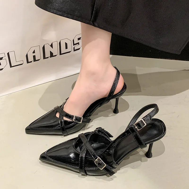 Street Sexy Buckle Strap Women Pumps Elegant Pointed Toe Thin Heels Zpaxo black 35
