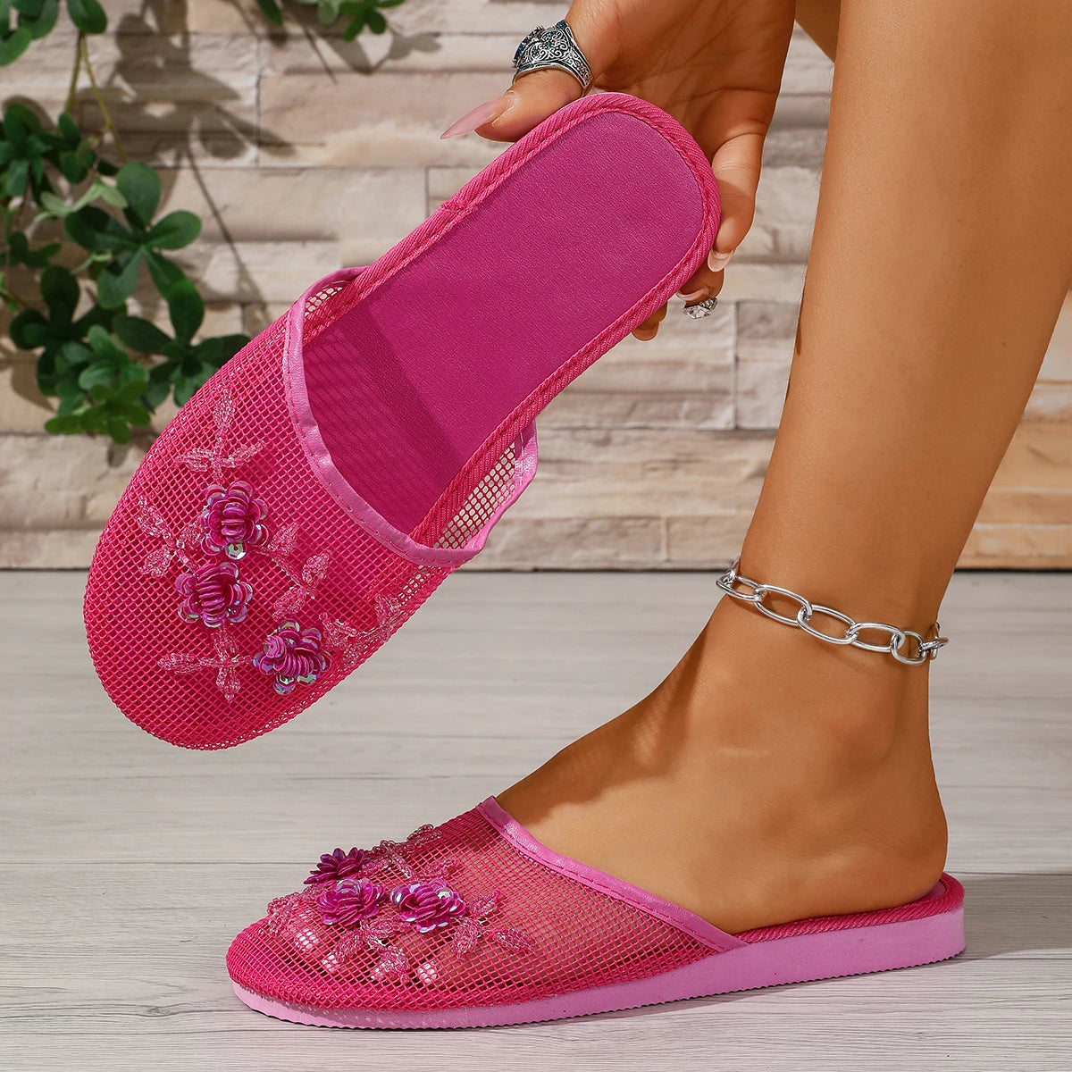 Women Slippers Sequin Flat Shoes Summer Hollow Beach Mesh Breathable